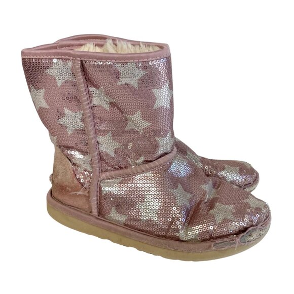 UGG Classic Short II Sequin Star Snow Boot Pink Size 4 Kids Wool Lined 1107988K - Picture 1 of 11